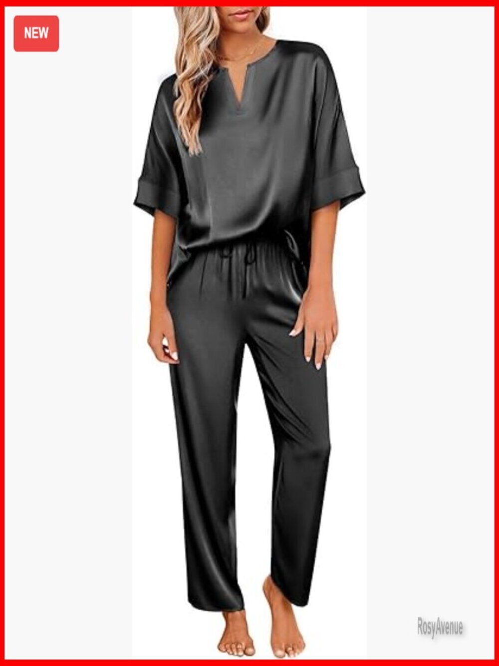 Satin Pajama Set - Short Sleeve V-Neck Top & Long Pants, Soft Loungewear, Size L